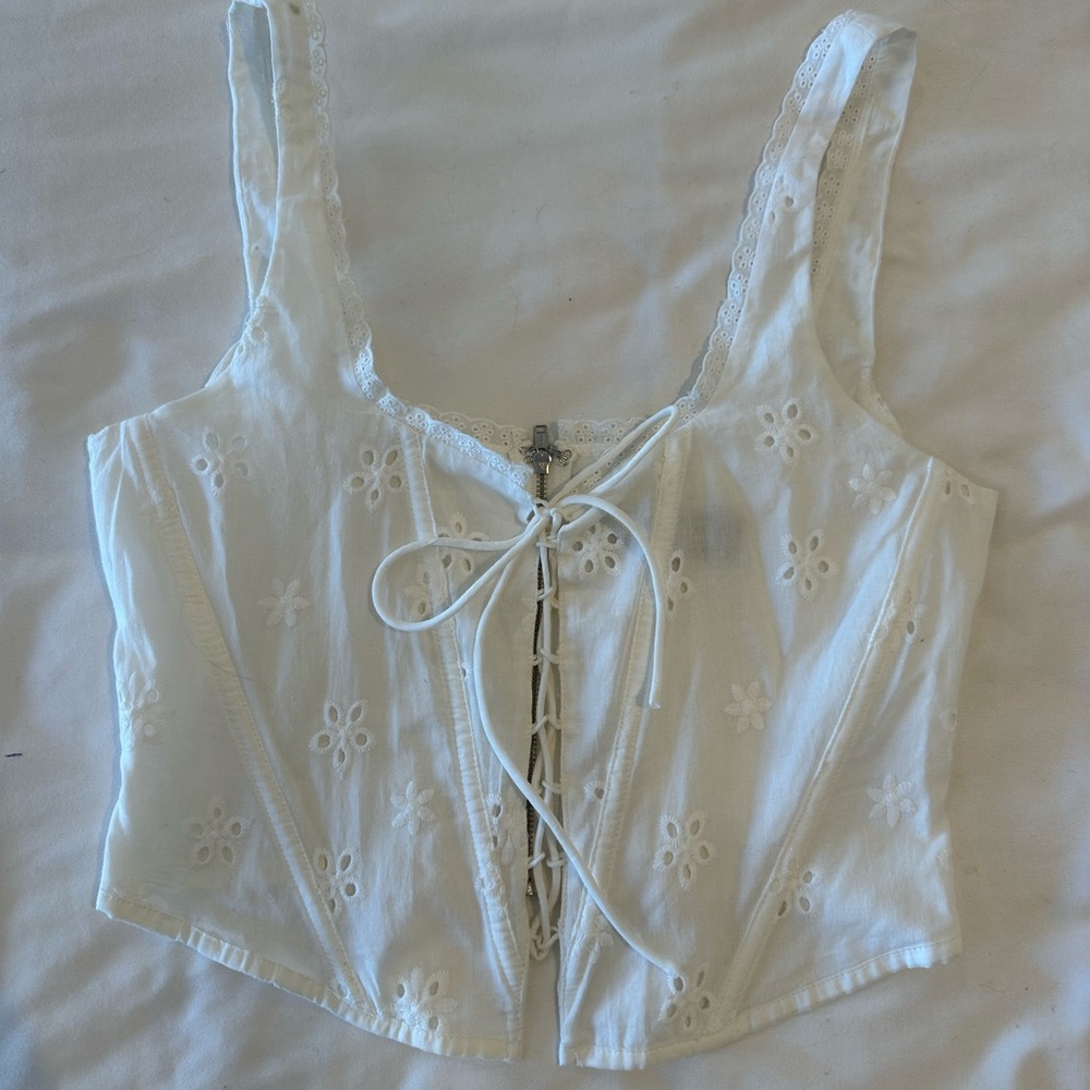 White Fox Boutique White Eyelet Lace-Up Tank Top